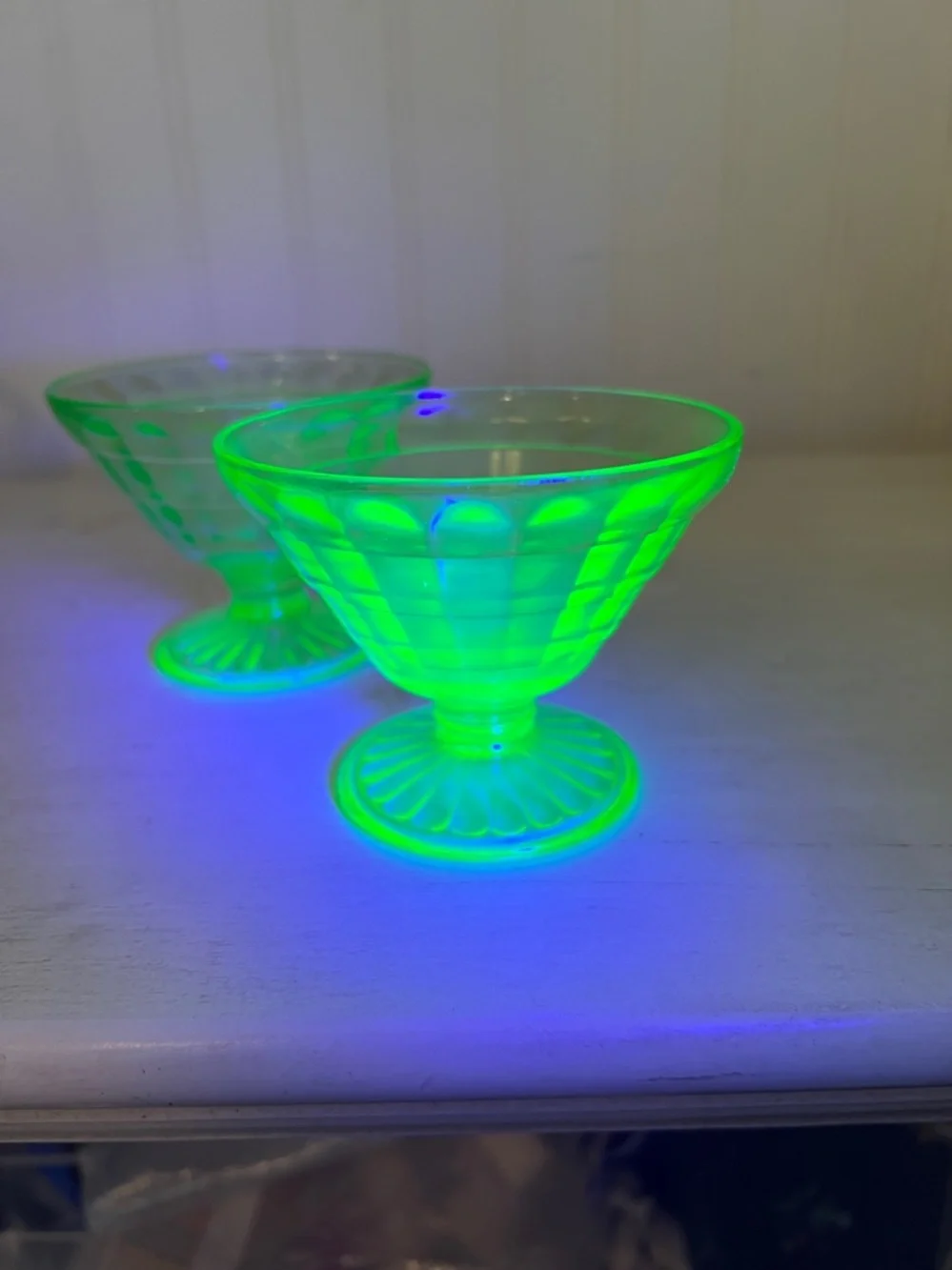 1920s Anchor Hocking Block Optic green champagne/tall sherbet glasses uranium
